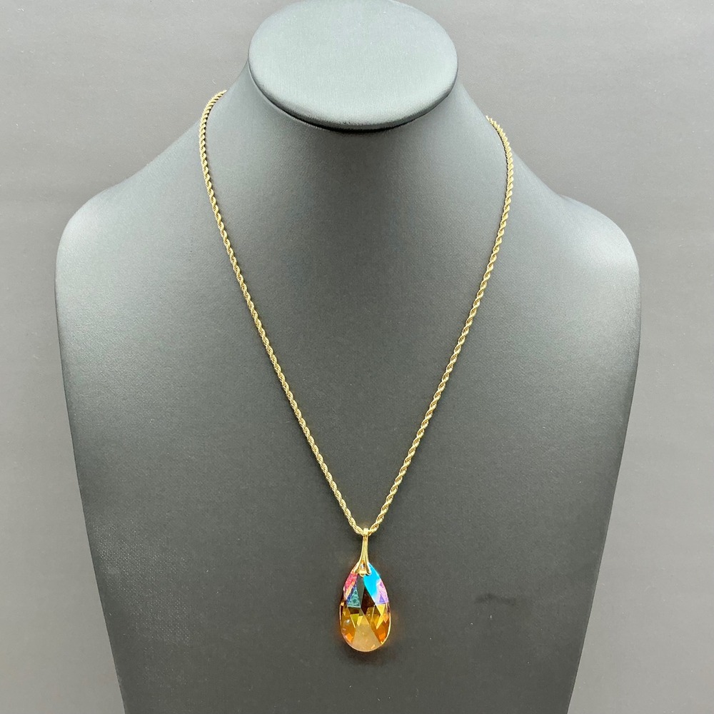 Pendant Necklace Women Gold Tone Teardrop Faceted Aurora Borealis Crystal 22"